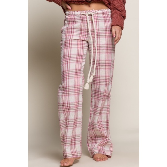 POL Pants - POL Red & White Plaid Drawstring Cotton Trouser Pants